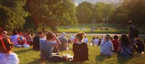 People sat on grass in sun