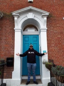 Fundraiser Lee in front of Brunswick Square