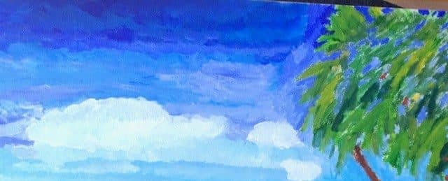 painting of seluded beach, sky, sea and a treee