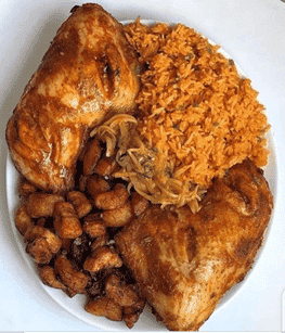 plate with jollof of rice and chicken