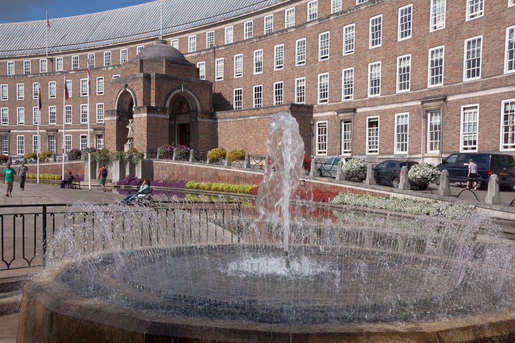 Bristol's Town Hall with the fountain in the foreground.