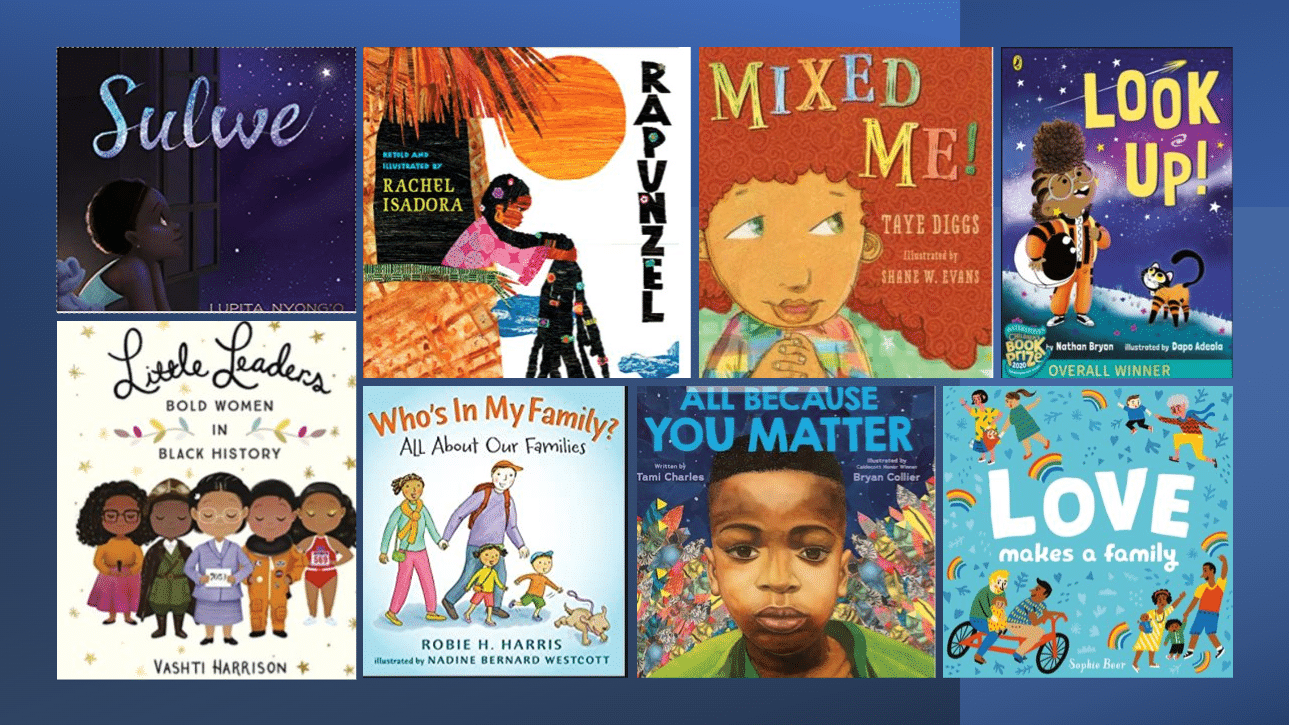 A selection of childrens books Jada recommends for their depiction of diversity, including Sulve by Lupota Nyong'o, Rapunzel by Rachel Isadora, Mixed Me by Taye Digs, Look Up! by Nathan Bryon, Little Leaders by Vashti Harrison, Who's In My Family? by Robue H Harris, All Because You Matter by Tami Charles and Love Makes A Family by Sophie beer