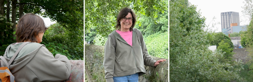 A trio of images: Rebecca overlooking a bridge, Rebecca smiling at the camera, and a landscape of Bristol