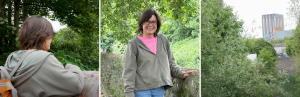 A trio of images: Rebecca overlooking a bridge, Rebecca smiling at the camera, and a landscape of Bristol