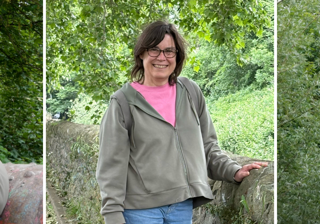 A trio of images: Rebecca overlooking a bridge, Rebecca smiling at the camera, and a landscape of Bristol